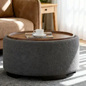 29.5 Inch Round Storage Ottoman Coffee Table,Modern Circle Coffee Table with Storage with Removable Lid Top and Solid Wood Legs,Large Round Ottoman for Bedroom,Living Room,Teddy Fleece