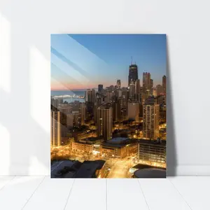 GCKG Tempered Glass Wall Art Decor Chicago Sunrise Prints On Glass Paingting Picture Modern Artworks For Living Room Bedroom Office