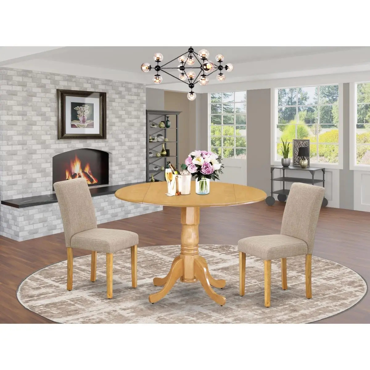 East West Furniture 3-Piece Expandable Asian Hardwood Dining Room Set - 42in Dublin Table with 2x9in Drop Leaves, Solid Wood Base, 2 Parson Chairs with Oak Legs, Linen Fabric, Light Fawn, Assembly Required, 115 lbs, Ideal for Certain Occasions, Round Dini