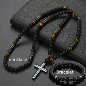 2Pcs Beaded Necklace & Bracelet，8mm bead matte black natural stone yellow tiger eye cross pendant necklace - Men's cool jewelry gift - Men - Daily wear