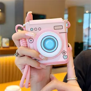 Cute Wrist Strap Pink Girl Camera Pattern Case for Samsung Galaxy Z Flip 7 5 4 Flip7 Flip6 Hinge Stand With Lanyard Woman Gift