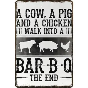 Funny Metal Signs Funny Metal Sign A Cow A Pig and A Chicken Walk Into A Bar B Q The End Cafe Farmhouse Ranch Farm Animal Metal Sign Vintage Decor Rustic Tin Signs Wall Art Metal Poster