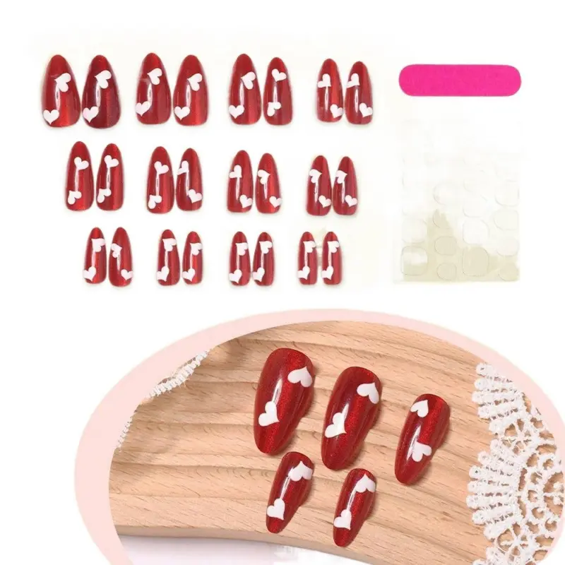 24pcs Red Cat Eye Press On Nails, Medium Almond French Tips with Bow & Heart Design, Full Coverage Reusable Nail Art Kit for Women, French Tip Bow Design Nail Art Kits