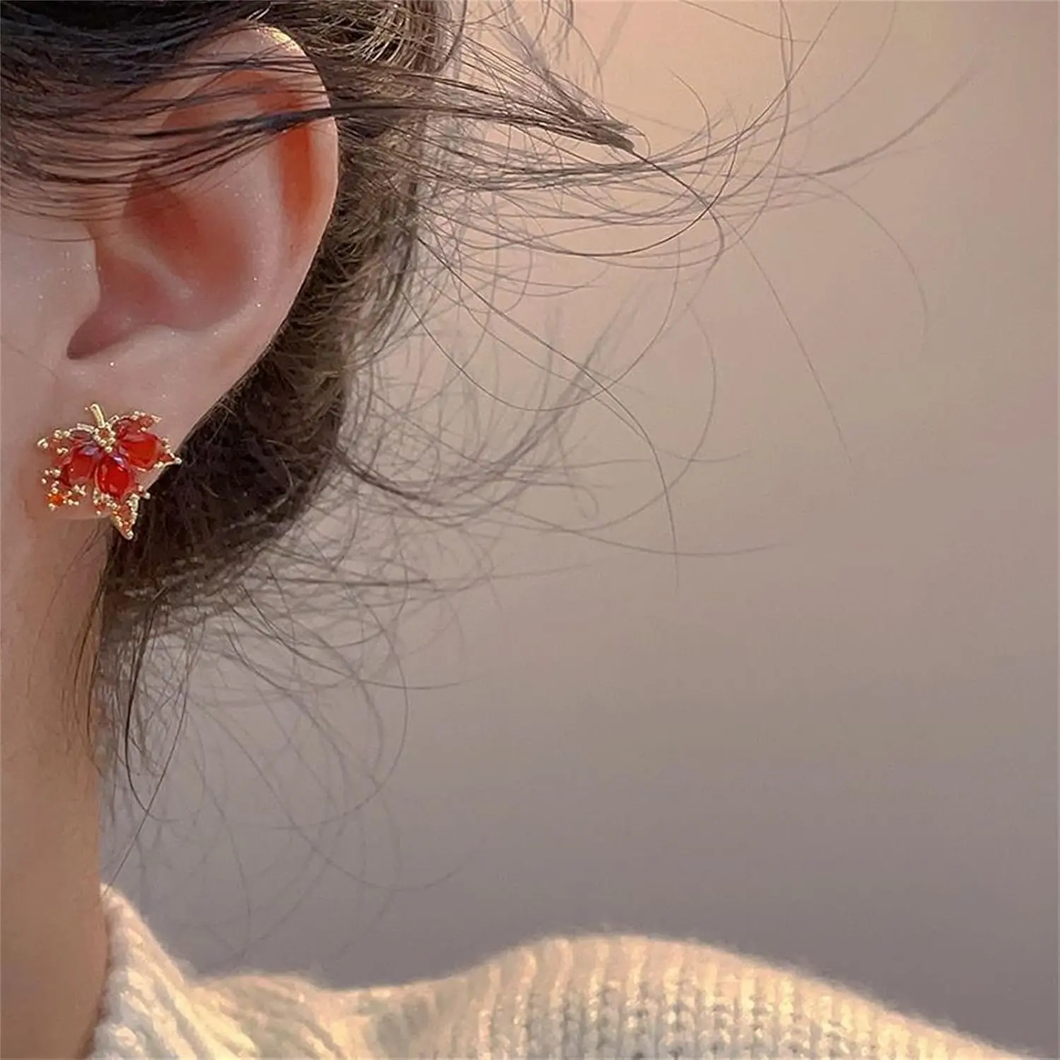 Maple Leaf Earrings for Women Elegant Handmade Fall Hot Red Orange Plant Leaves Earrings Sparkly Crystal CZ Studs Earrings for Autumn Thanksgiving Day Party Holiday Trendy Jewelry