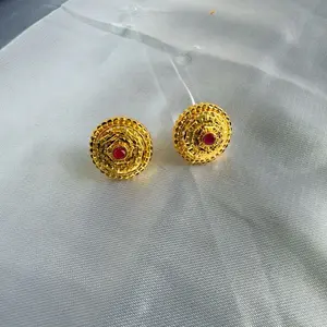 Gold-Plated Stud Earrings with Red Stone Centerpiece - Elegant Accessories, Subtle Elegance Gold Plated Jewelry for Daily Wear