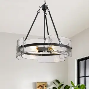 4-Light Modern Black Chandelier for dining Room, Kitchen Island,Living Room, Round Chanadelier,Glass Chandelier for Gifts