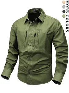 Men's Solid Pocket Button Front Shirt, Regular Fit Casual Long Sleeve Collared Top for Outdoor Activities, Men's Clothes for Spring & Fall, Menswear
