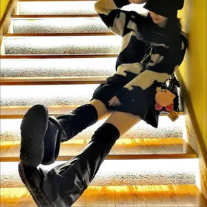 Fashion RO Performance Leather Sock Sleeves Dark Patchwork Micro Flare LegWarmers Slimming Stackable Mid Long Length Design