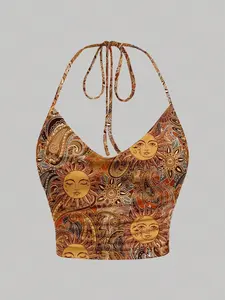 Casual Minimalist Draped Neck Tie Loose Fit Sunflower Print Top