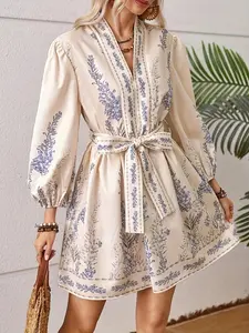 Women's Plants Print Tie Waist Dress, Bohemian Elegant Bishop Sleeve V Neck Dress for Spring & Fall, Women's Clothing for Daily Wear, Dresses for Women, Classy Dresses, Womenswear