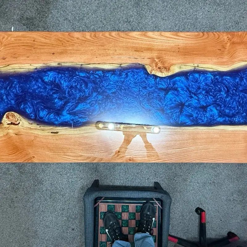 LaPoints Custom Craft Brand Live Edge California Redwood & Epoxy River Desk with Blue Accent & Natural Wood Edge Design   31.5" tall   While the top measures 24" x 54" x 1.5" Thick