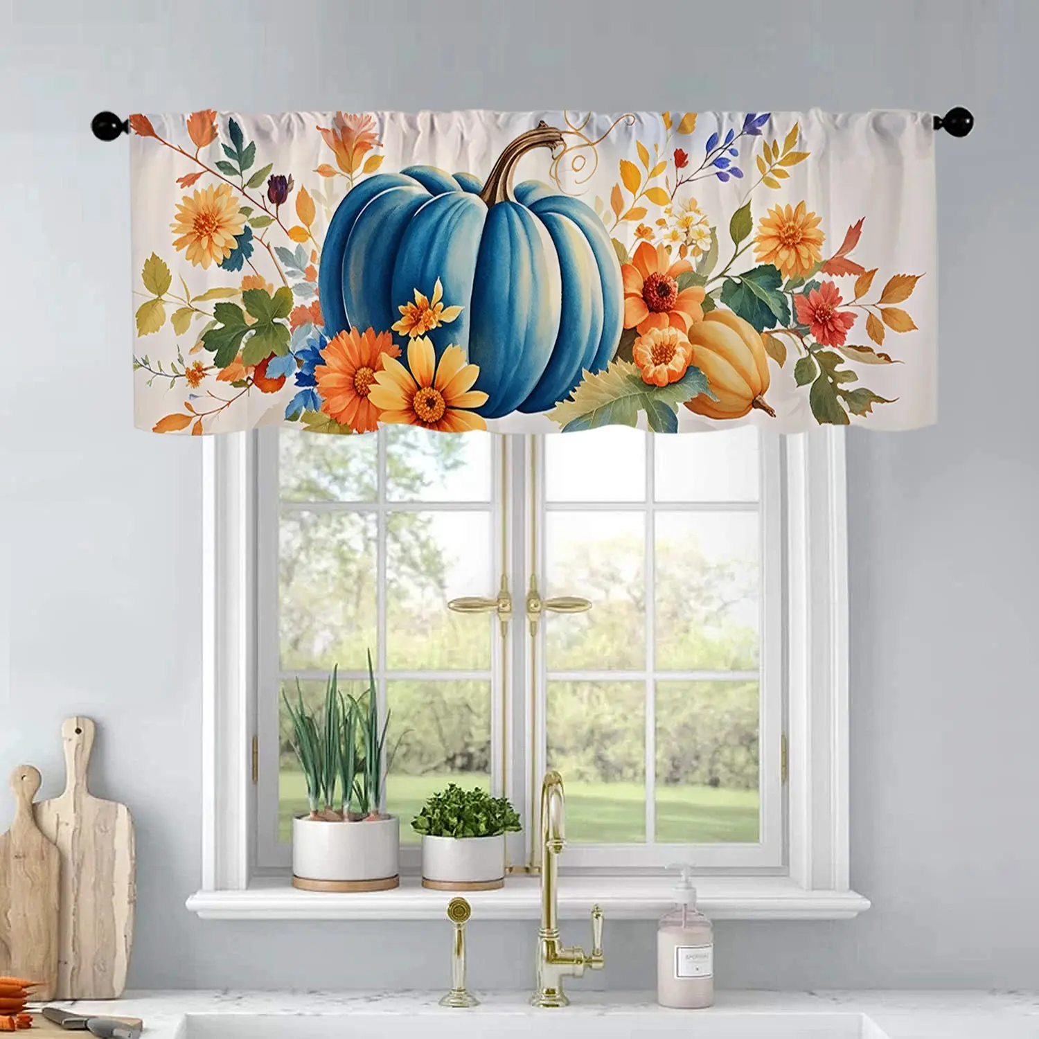 1 Pc Autumn Blue Pumpkin Maple Leaf Flower Autumn Thanksgiving Watercolor Print Kitchen Curtains Valance Living Room Bedroom Bathroom Home Decor 54x18 Inch Window Curtain
