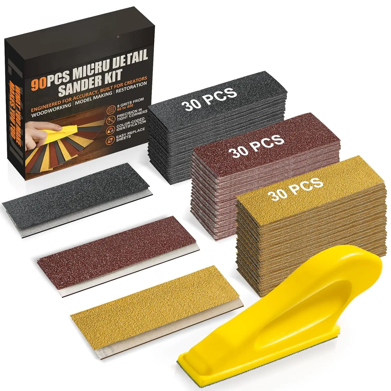 90PCS Premium Micro Detail Sander Kit, Updated 3-in-1 Mini Hand Sanding Block, 60-400 Grit Sandpaper for Wood Crafts, Tight Spaces, and DIY Polishing Projects
