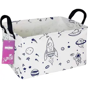 Rectangular Fabric Storage Basket Organizer Bin for Toys, Books, Clothes, Gifts, Pets, Perfect for Home, Office, Nursery, Dorm Shelf (Rec Spaceships)
