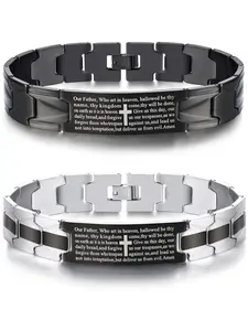 2 Pcs Black Silvery Cool Stainless Steel Bracelets for Men Women Trendy Vintage Link Wristband Religious Cross Charm Bangle Bracelets for Daily Wear Exquisite English Bible Lords Prayer Jewelry Set for Friends