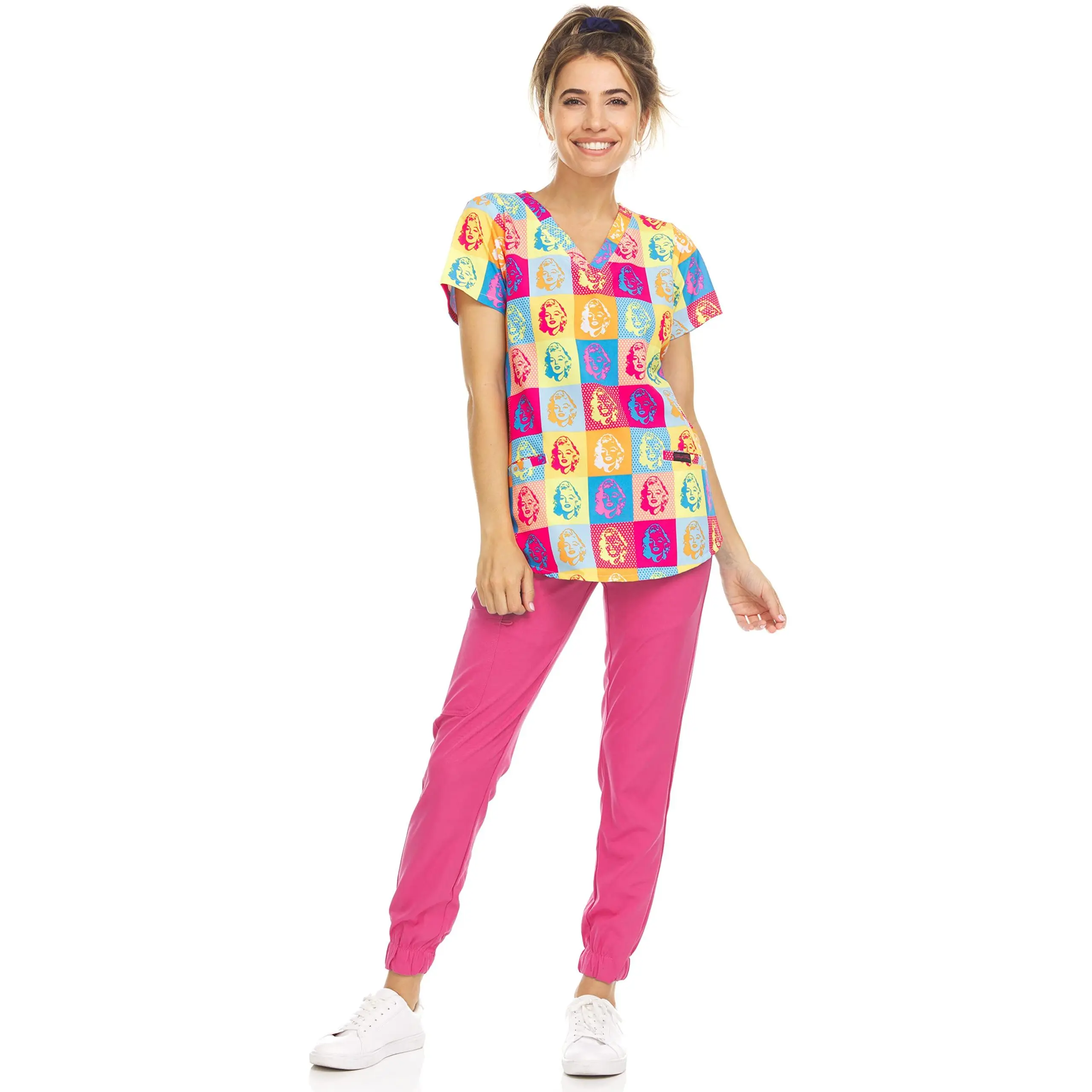 MediChic Women's Print Scrub Joggers Set Medical Nursing Print Scrubs V-Neck Top and Jogger Pants Set