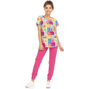 MediChic Women's Print Scrub Joggers Set Medical Nursing Print Scrubs V-Neck Top and Jogger Pants Set