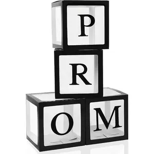4 Pcs Prom Boxes with Letters 11.8 x 11.8 x 11.8 Inch Clear Prom Balloon Boxes Transparent High College Graduation Party Favors Supplies(Black)