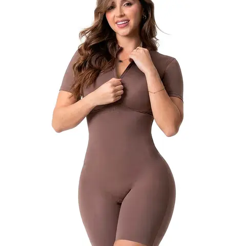 Short Sleeve Zip Up Bodysuit for Women | One Piece Workout Romper with Biker Shorts | Mock Neck with Semi-Invisible Front Zipper | Pre-Molded Bust | Light Compression That Smooths | Quick-Dry Lycra | Made in Colombia | Fajas Salome 5502