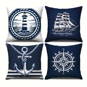 Set of 4 Nautical Throw Pillow Covers, 18x18 Inch, Coastal Navy Blue Polyester Cushions with Anchor, Lighthouse, Sailboat, Compass Designs for Home Decor, Woven Zippered Contemporary Pillowcases for Various Rooms, Machine Washable