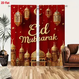 2D Flat Eid Mubarak Ramadan Decorative 2-Piece Curtain Set, Golden Ornate Hanging Lanterns Crescent Moon Islamic Architecture Pattern, Festive Solid Red Background Design for Home Window Decoration