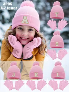 Knitted Hat and Glove Set, A-Z Letter Pattern, Warm Winter Cap, Suitable for 3-8 Years Old, Casual Daily Wear, Warm Beanie Hat