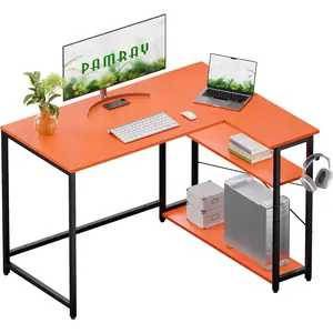 43 Inch L Shaped Computer Desk with Reversible Side Storage Shelves, Small Corner Desk for Small Space  Office,Writing Study PC Table for Bedroom,Orange