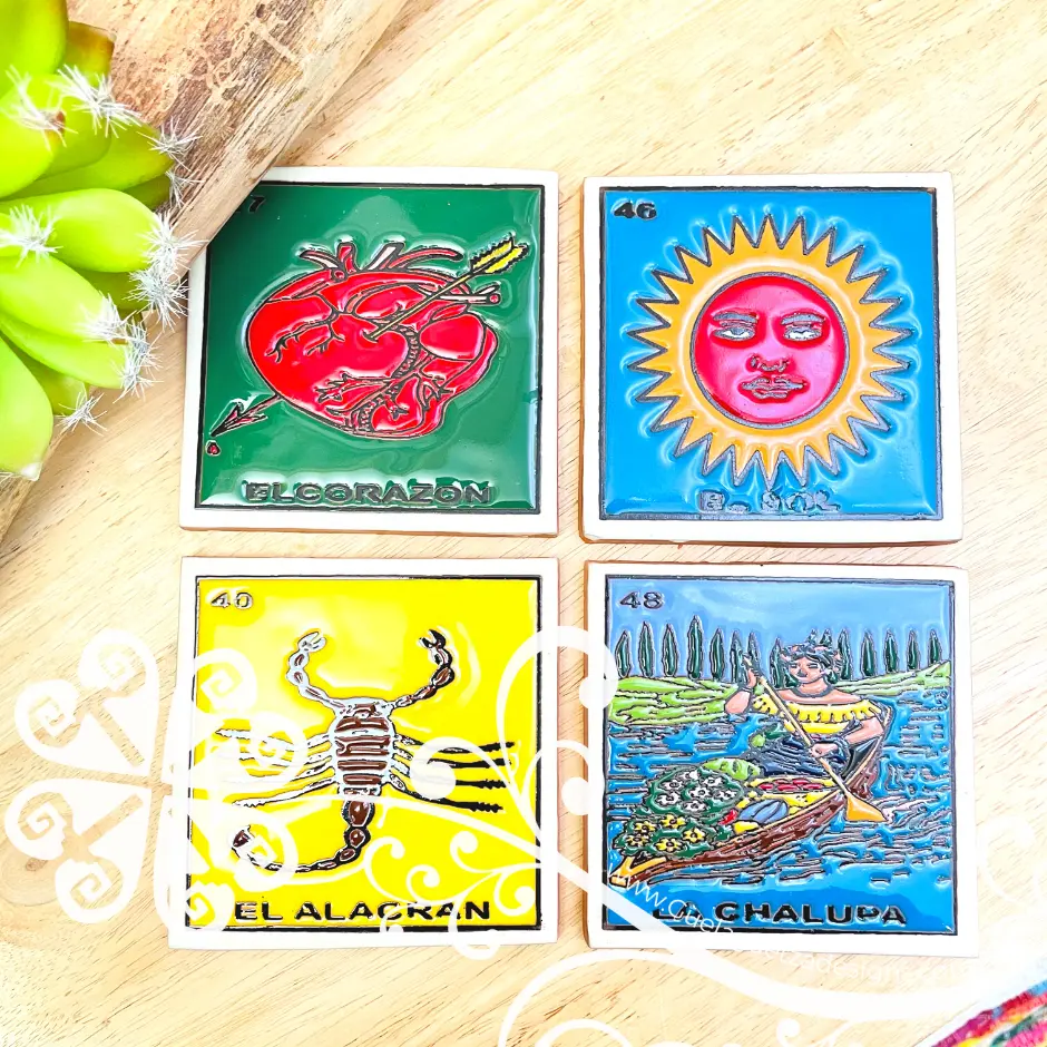 Set of 4 Mexican LoteriaMX Coaster Set -  Set of Clay Coasters