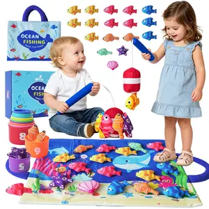 Montessori Toddler Fishing Toy Set, 29-Piece Fabric Fishing Game Kit, Includes Stack Cups, Baby Sensory Fishing Toy, Dual Rods, 0-3 Years Birthday Gift