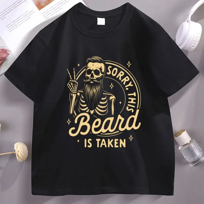 Men's T-Shirt with 'Sorry This Beard Is Taken' Graphic Print, Casual Vintage Cotton Knit Top, Breathable Short-Sleeve Streetwear for Dads, Bk, Short-Sleeve Tee, Shortsleeve, Menswear, Tshirt, Graphic T Shirts, None, Four Seasons