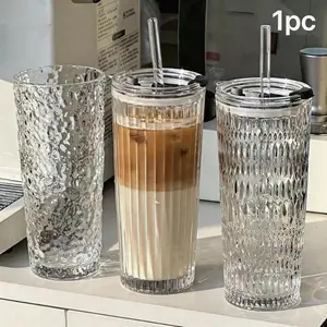 17oz/500ml Aesthetic Wide Mouth Glass Iced Coffee Cup with Lid and Straw, Thick Heavy Base Reusable Leakproof Tumbler, Food Grade BPA Free Dishwasher Safe Drinkware for Americano Cold Brew Latte Smoothies, Ideal for Coffee Lovers Home Office Daily Use