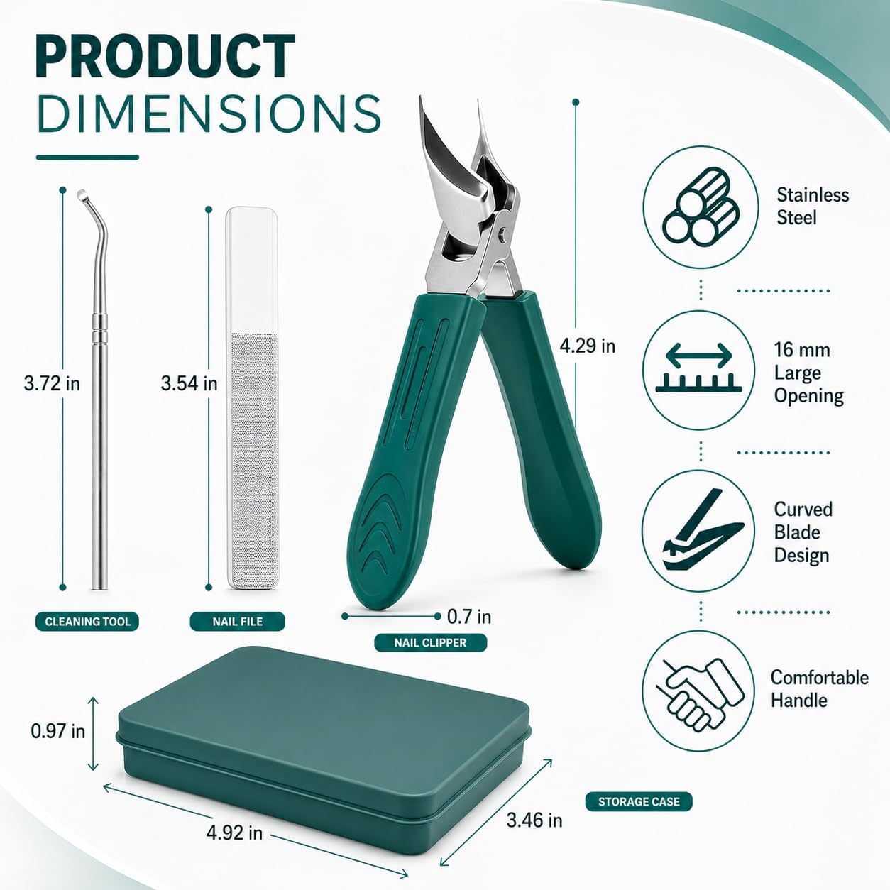 Slanted Eagle Beak Nail Clipper Kit, for Daily Manicure, Thick Nails & Ingrown Nail Maintenance, Wide Jaw Opening Anti-Splash Nail Trimmers, Ergonomic Long Handle Pedicure Accessory (Green)
