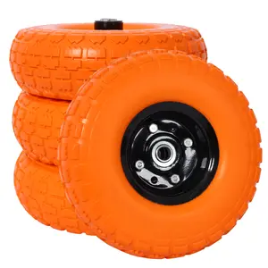 Donext Heavy-Duty Flat-Free PU Foam Tire and Wheel 4.10/3.50-4 10" Diameter 5/8" Axle Bore 2.2" Offset Hub Double Sealed Bearings Orange for Dolly Lawn Mower Hand Truck