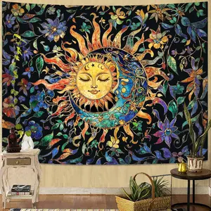 Sun and Moon Tapestry for Bedroom Boho Hippie Floral Lightweight Wall Tapestry Aesthetic Vintage Stained Glass Plant Small Tapestries Wall Hanging for Living Room Dorm