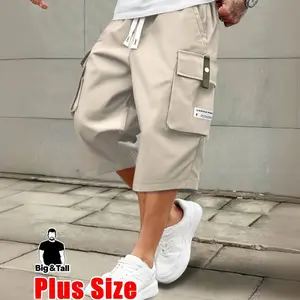 Men'S Plus Size Summer Lightweight Cargo Pants - Casual Cargo Style with Drawstring Waist, Large Pockets & Letter Patch, Solid Color Regular Fit for Casual Attire & Outdoor Activities, PLUS SIZE