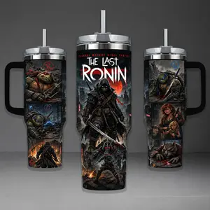 TMNT The Last Ronin Tumbler, Teenage Mutant Ninja Turtles 40oz Cup with Handle, Last Survivor Michelangelo 20oz Stainless Steel Travel Mug, Comic Fan Gift, TMNT Inspired Insulated Tumbler Featuring Epic Gritty City Design.