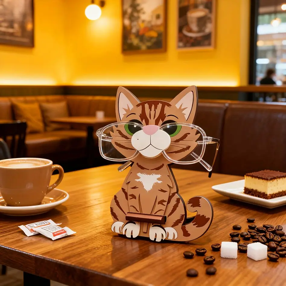 Wooden cartoon orange calico cat eyeglass frame, eco-friendly wooden statue ornament, animal eyeglass frame, suitable for home offices, party decorations, Trendy Desktop Ornaments, indoor eyeglass placement ornament
