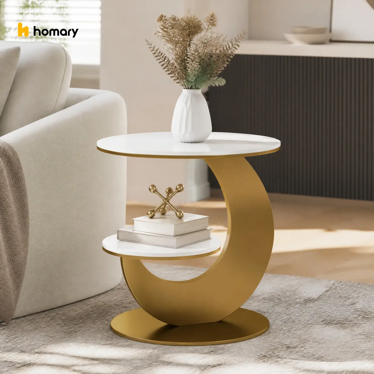 Homary 20" Round Sintered Stone Tabletop 2-Tier Gold Half-Moon Modern Accent Side Table - Living Room Decor, Indoor End Table Furniture,dorm essentials,home decor
