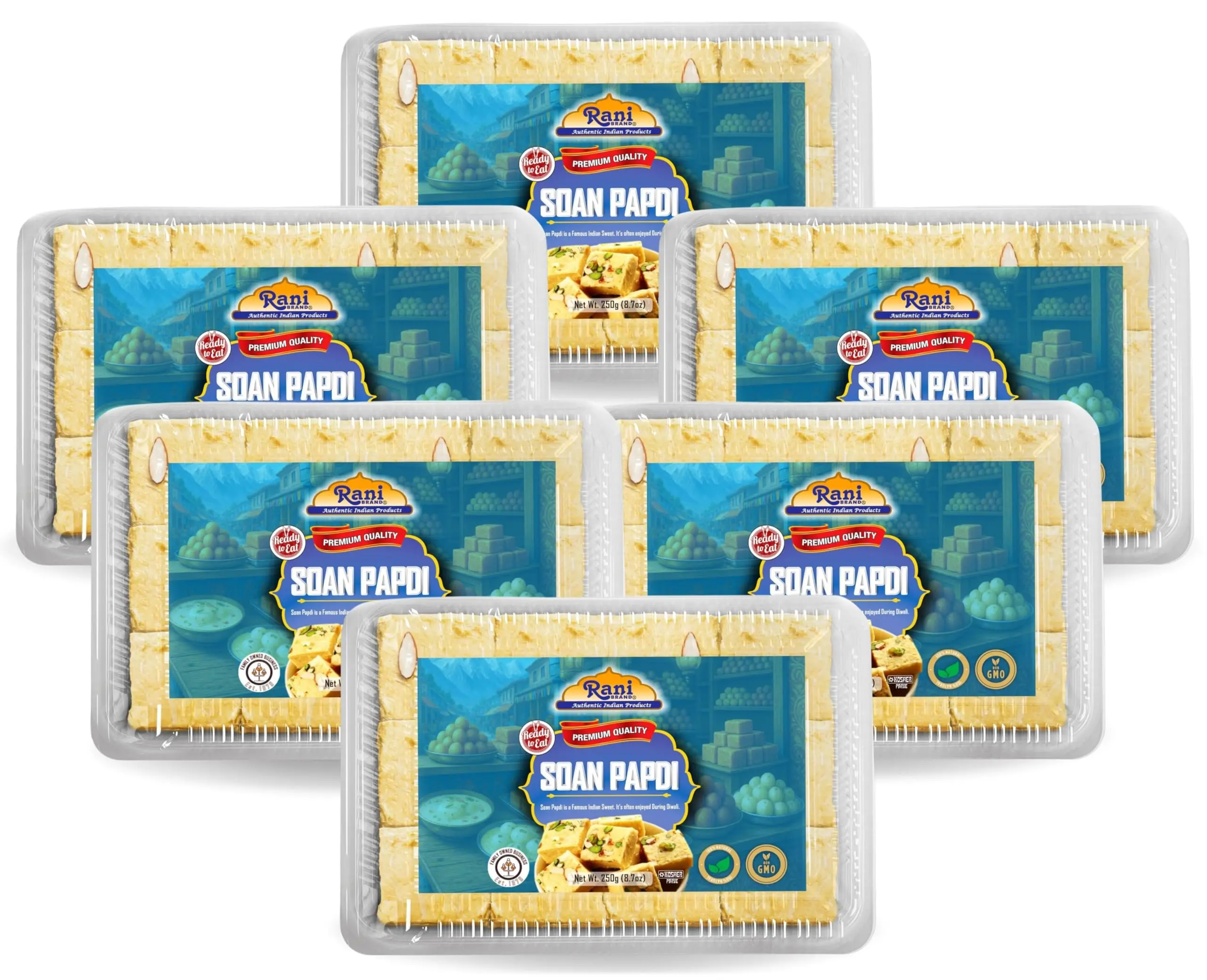 Rani Soan Papdi 8.7oz (250g) PET Jar, Pack of 6, Traditional Indian Sweets, Ready to eat ~ All Natural | Non-GMO | Kosher | Indian Origin