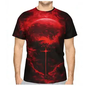 Menswear Round Neck Short-Sleeve T-Shirt, Unisex Dark Fantasy Red Blood Moon Print Top, Fiery Cross & Clouds Graphic, Gothic Inferno Art Edgy Occult Streetwear