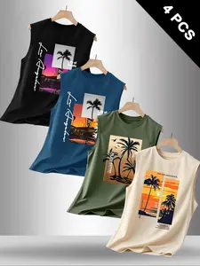 Men's Summer Casual Sleeveless Vest, Coconut Tree Print, Outdoor Sports Wear, Daily Versatile, Pack of 4, No Zipper, Letter Pattern