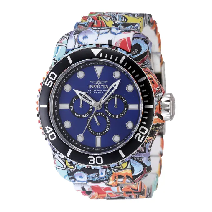 Invicta Pro Diver 48.8mm Men's Watch Graffiti Print Aluminum Case Multi-Color Street Art Bracelet Blue Sunray Dial Multi-Function Day Date 24 Hour Sub-Dials Japanese Quartz Black Bezel 100m Water Resistant Urban Streetwear Watch