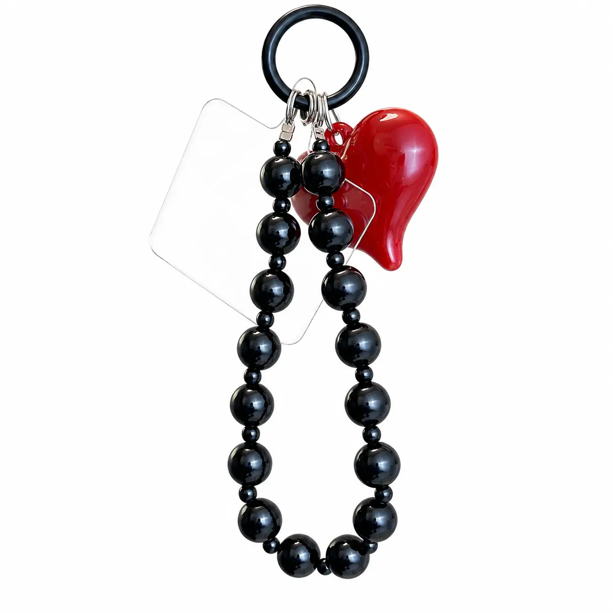 Red Heart Decor Black Beaded Short Wrist Lanyard, Stylish Hand Chain Accessory for Phone Cases, Keychains and Bag Charms