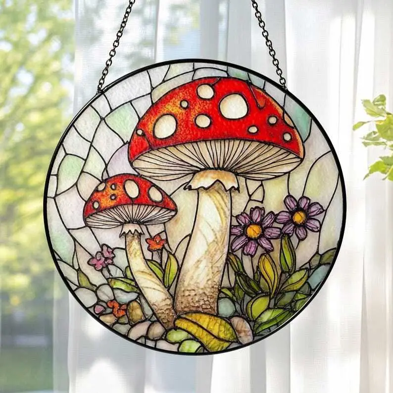 Mushroom Stained Glass Suncatcher, Moon Mushrooms Cottagecore Home Decor, Fly Mushroom Window Hanging Art, Mom Grandma Birthday Gift For Her