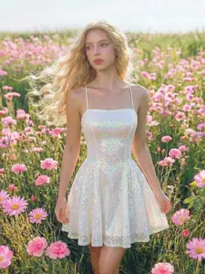 Women's Spaghetti Strap Mini Dress, Criss Cross Back Ruffle Hem Dress, Summer Vacation Dress, Cottagecore Milkmaid Tea Party Dress