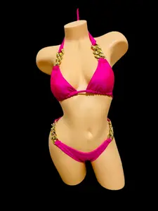 Hot Pink Rave Bikini Set Swimsuits Bathing Suits Swimwear Two Piece Bikinis Triangle Bandage Female Beachwear Custom Handmade Costumes