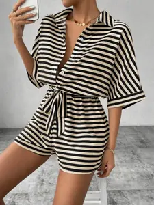 Women's Striped Print Batwing Sleeve Romper, Casual Romper for Summer, Fashion Women's Clothes for Daily Wear