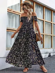Women's Ditsy Floral Print Off Shoulder Long Dress, Elegant Casual Split Thigh Dress for Beach Holiday Vacation, Ladies Summer Clothes, Casual Classy Elegant