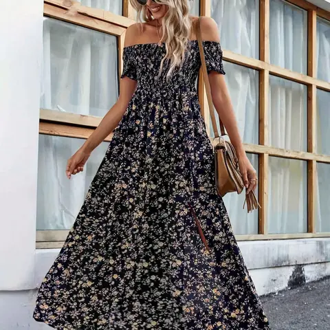Women's Ditsy Floral Print Off Shoulder Long Dress, Elegant Casual Split Thigh Dress for Beach Holiday Vacation, Ladies Summer Clothes Boho Outfits