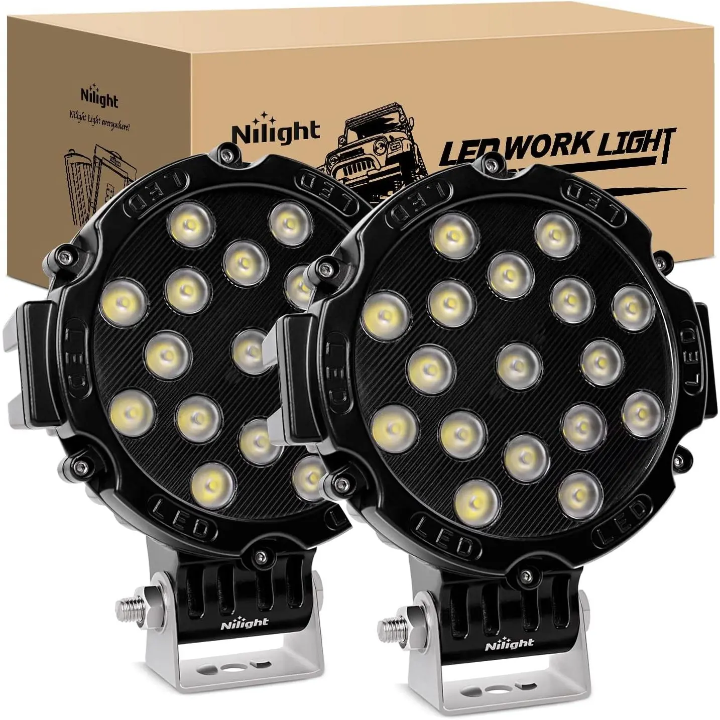 Nilight 2PCS 7" 51W Round Black Floodlights with Aluminum Cover, LED Work Lights, Fog Lights & Mounting Kit for SUV, Truck, Led Lights Car, Light Bar Car